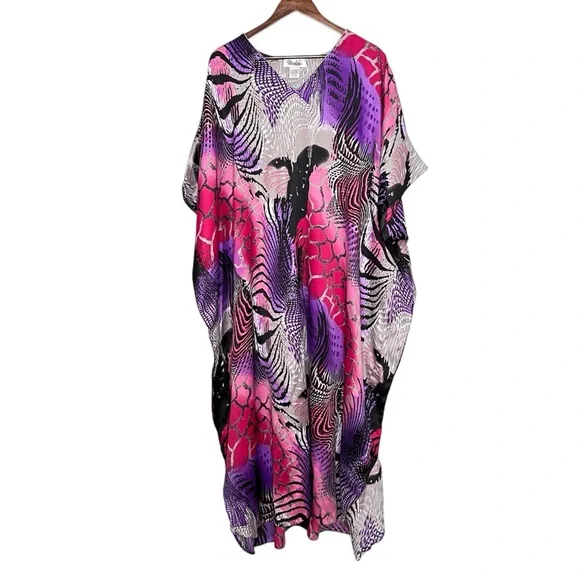 Winlar Purple Pink Animal Print V-Neck Kaftan Muu Muu Maxi Dress Womens One Size - Picture 1 of 13